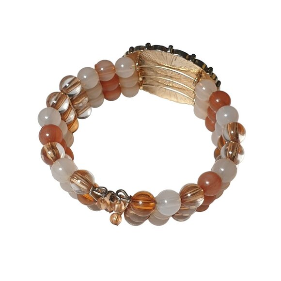 Women Cuff Bracelet Beaded Memory Wire Enameled Rhinestone Coral Peach Adjust - Picture 2 of 5